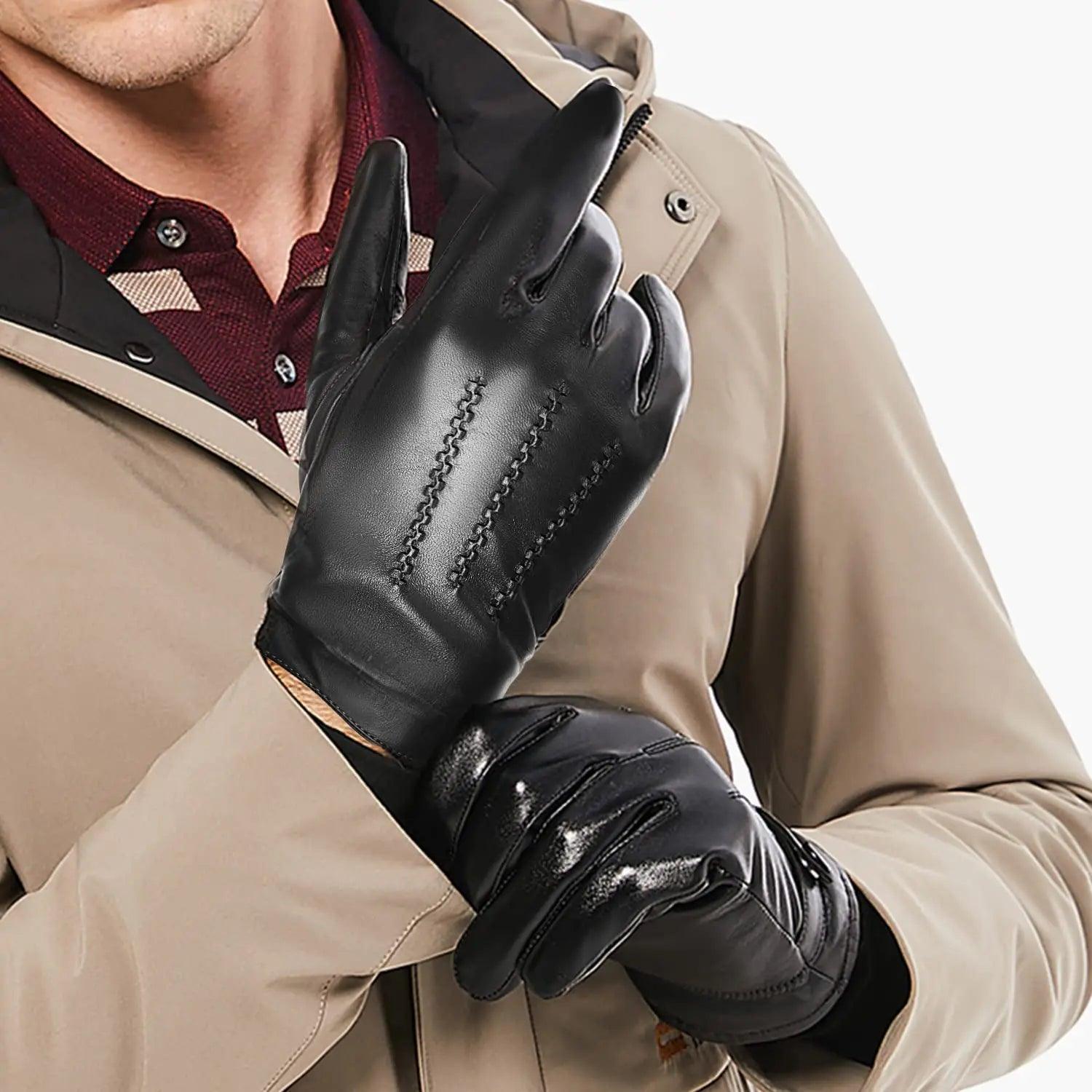 2023 BISON DENIM Men's Sheepskin Gloves Fashion Cashmere Lined Touchscreen Full Finger Mittens Winter Warm Riding Driving Gloves