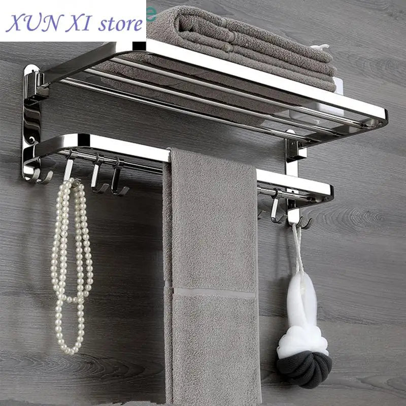 2023 Folding Movable Bath Towel Shelf Stainless Steel Polished Bathroom Towel Rack Holder Storage Shelf Hook Accessories