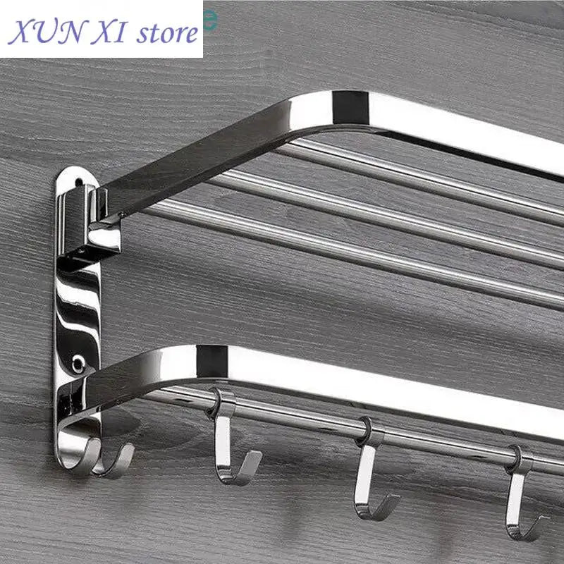 2023 Folding Movable Bath Towel Shelf Stainless Steel Polished Bathroom Towel Rack Holder Storage Shelf Hook Accessories