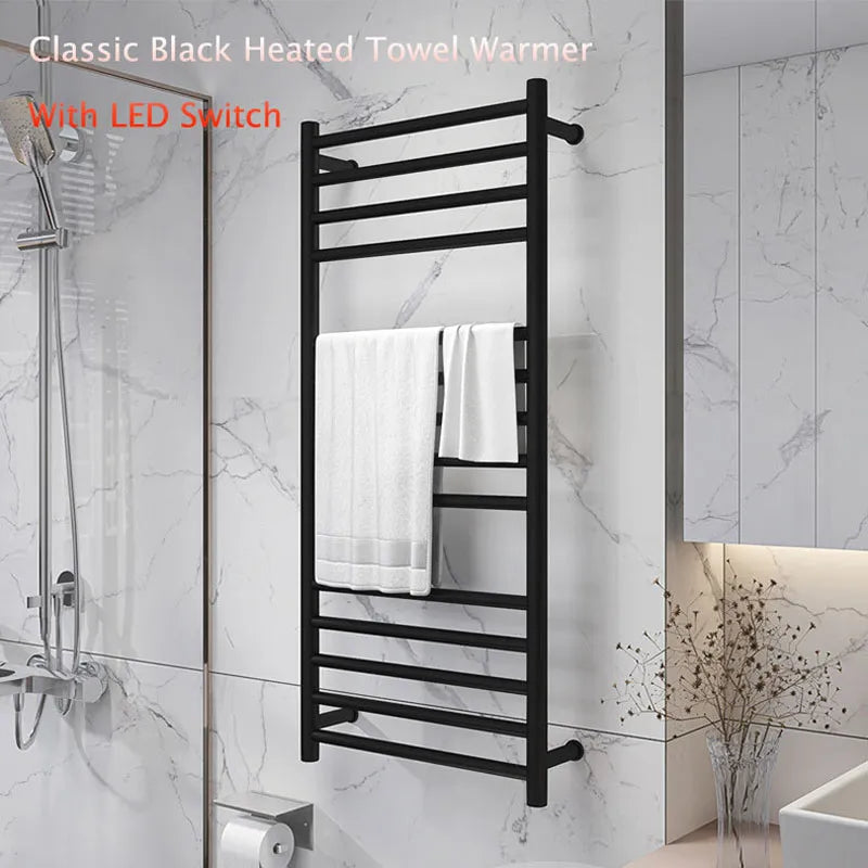 2024 Classic Black Heated Towel Warmer Large Size 110x52x12cm 110-240V 304 Stainless Steel Towel Bar For Bathroom and Toilet