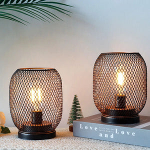 2Pcs Metal Cage Table Lamp Round Shaped LED Lantern Battery Powered Cordless Lamp for Weddings Party Home Decor Candle Holder