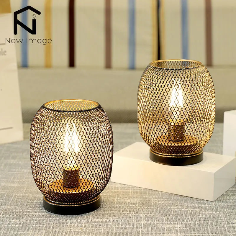 2Pcs Metal Cage Table Lamp Round Shaped LED Lantern Battery Powered Cordless Lamp for Weddings Party Home Decor Candle Holder