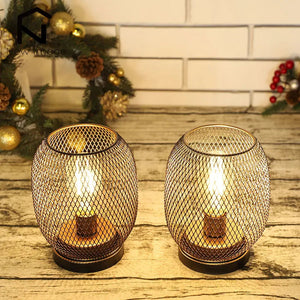 2Pcs Metal Cage Table Lamp Round Shaped LED Lantern Battery Powered Cordless Lamp for Weddings Party Home Decor Candle Holder