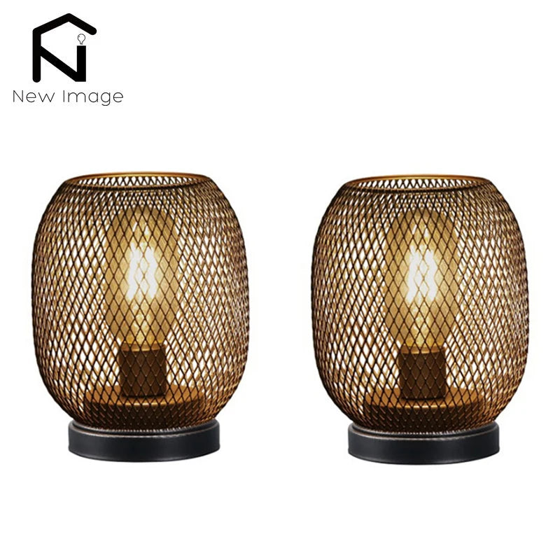 2Pcs Metal Cage Table Lamp Round Shaped LED Lantern Battery Powered Cordless Lamp for Weddings Party Home Decor Candle Holder