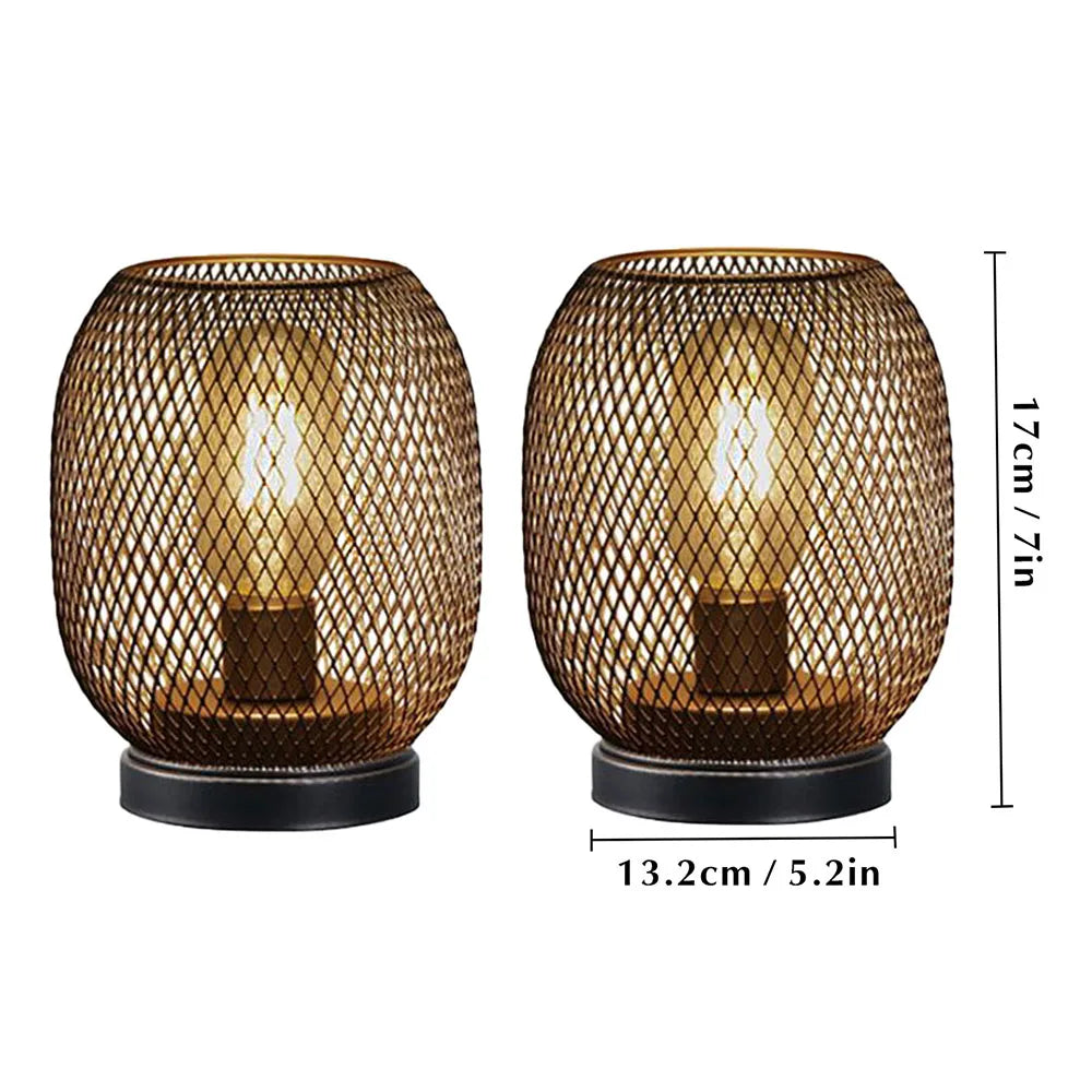 2Pcs Metal Cage Table Lamp Round Shaped LED Lantern Battery Powered Cordless Lamp for Weddings Party Home Decor Candle Holder