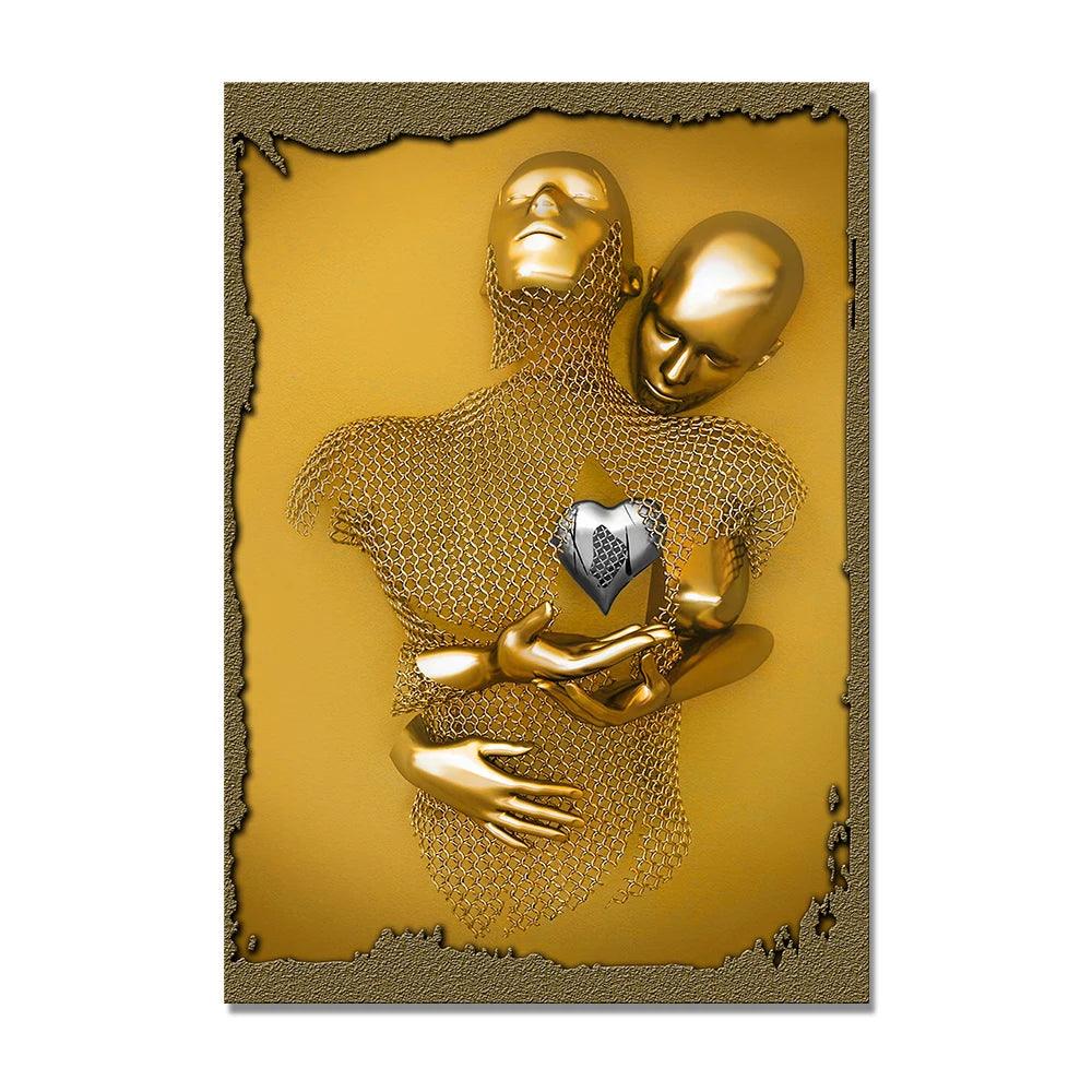 3D Love Heart Grey Metal Figure Statue Painting on Canvas Art Posters and Prints Wall Pictures for Living Room Home Decoration