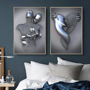 3D Love Heart Grey Metal Figure Statue Painting on Canvas Art Posters and Prints Wall Pictures for Living Room Home Decoration