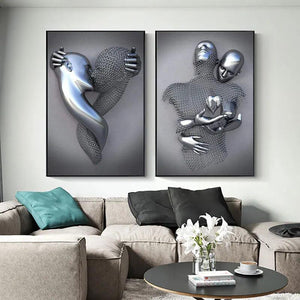 3D Love Heart Grey Metal Figure Statue Painting on Canvas Art Posters and Prints Wall Pictures for Living Room Home Decoration