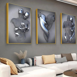 3D Love Heart Grey Metal Figure Statue Painting on Canvas Art Posters and Prints Wall Pictures for Living Room Home Decoration