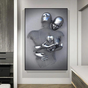 3D Love Heart Grey Metal Figure Statue Painting on Canvas Art Posters and Prints Wall Pictures for Living Room Home Decoration