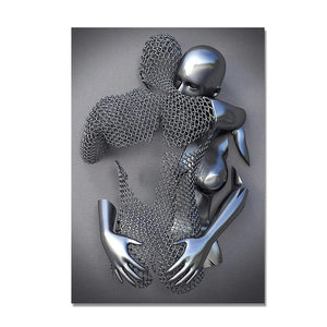 3D Love Heart Grey Metal Figure Statue Painting on Canvas Art Posters and Prints Wall Pictures for Living Room Home Decoration