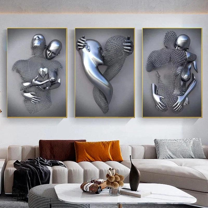 3D Love Heart Grey Metal Figure Statue Painting on Canvas Art Posters and Prints Wall Pictures for Living Room Home Decoration