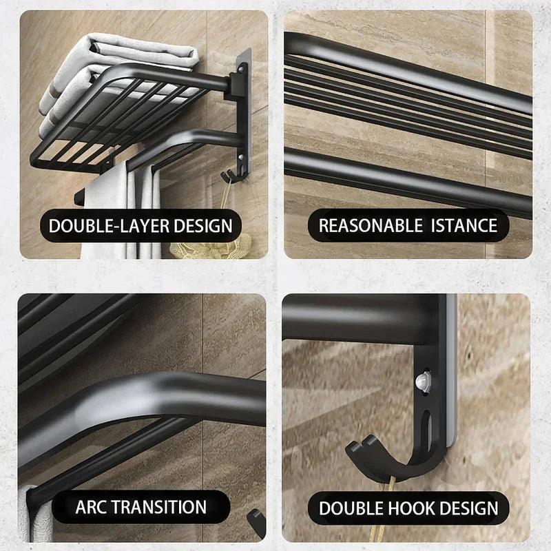 40/50/60CM Double Layer Towel Rack Black Non Drilling Movable Wall Mounted Bracket Aluminum Shower Rack Bathroom Accessories