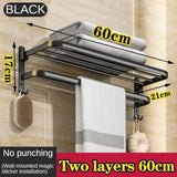 40/50/60CM Double Layer Towel Rack Black Non Drilling Movable Wall Mounted Bracket Aluminum Shower Rack Bathroom Accessories