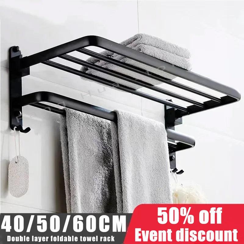 40/50/60CM Double Layer Towel Rack Black Non Drilling Movable Wall Mounted Bracket Aluminum Shower Rack Bathroom Accessories