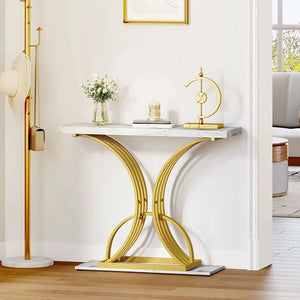 40in Gold Narrow Console Table Side End Table with Faux Marble Top for Living Room Entrance Hallway Entryway