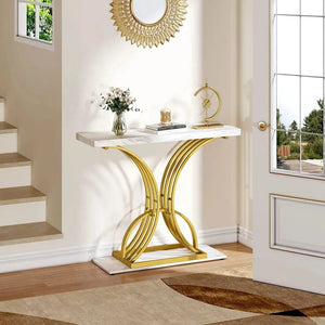 40in Gold Narrow Console Table Side End Table with Faux Marble Top for Living Room Entrance Hallway Entryway