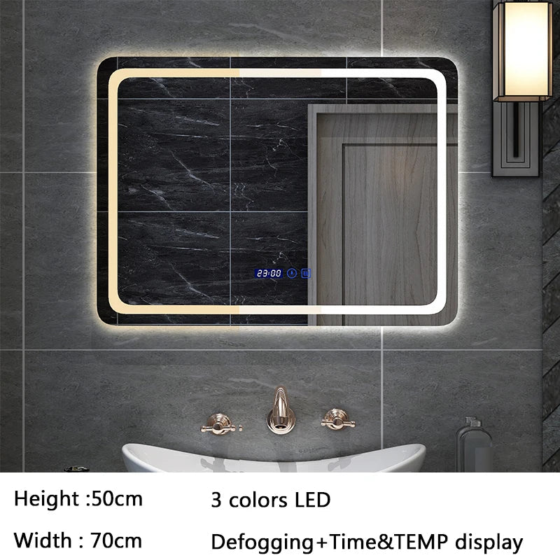 50X70cm Rectangular Smart Demist Bathroom Mirror 3 Color Adjustable LED Multifunction LIght With Brightness Sensory Switch