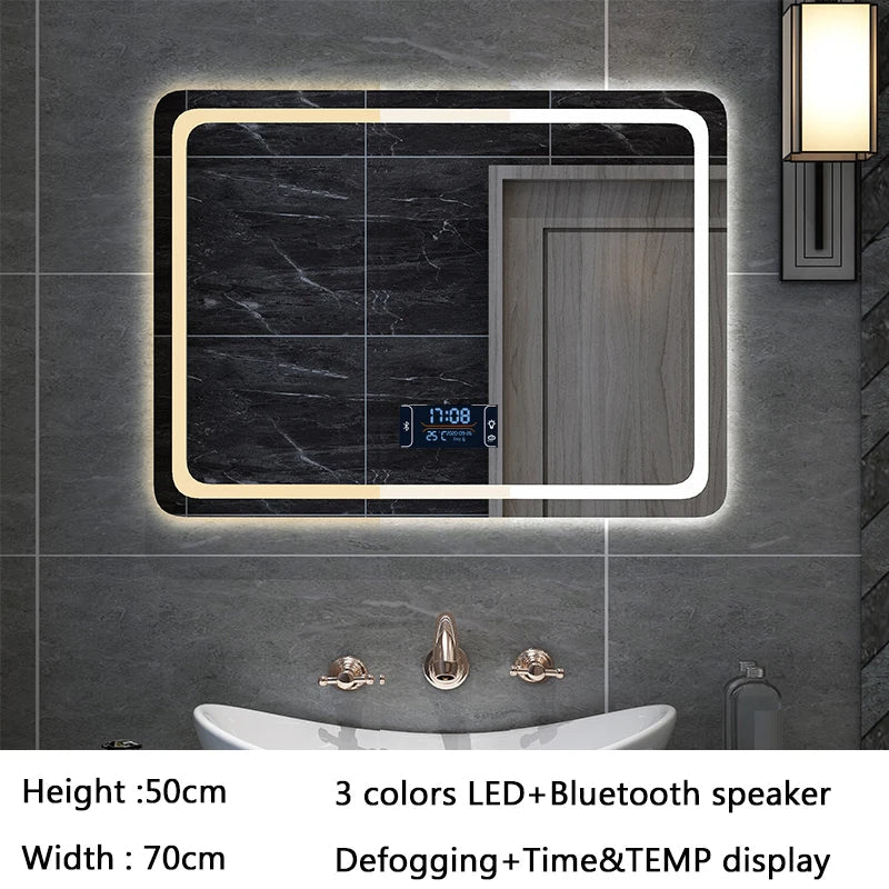 50X70cm Rectangular Smart Demist Bathroom Mirror 3 Color Adjustable LED Multifunction LIght With Brightness Sensory Switch