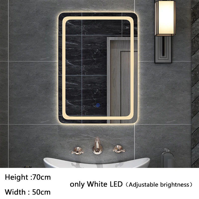 50X70cm Rectangular Smart Demist Bathroom Mirror 3 Color Adjustable LED Multifunction LIght With Brightness Sensory Switch