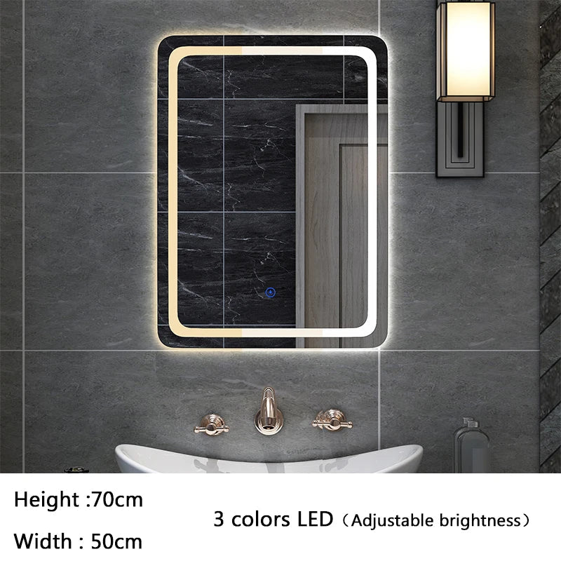 50X70cm Rectangular Smart Demist Bathroom Mirror 3 Color Adjustable LED Multifunction LIght With Brightness Sensory Switch