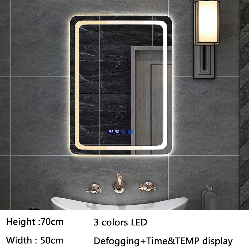 50X70cm Rectangular Smart Demist Bathroom Mirror 3 Color Adjustable LED Multifunction LIght With Brightness Sensory Switch