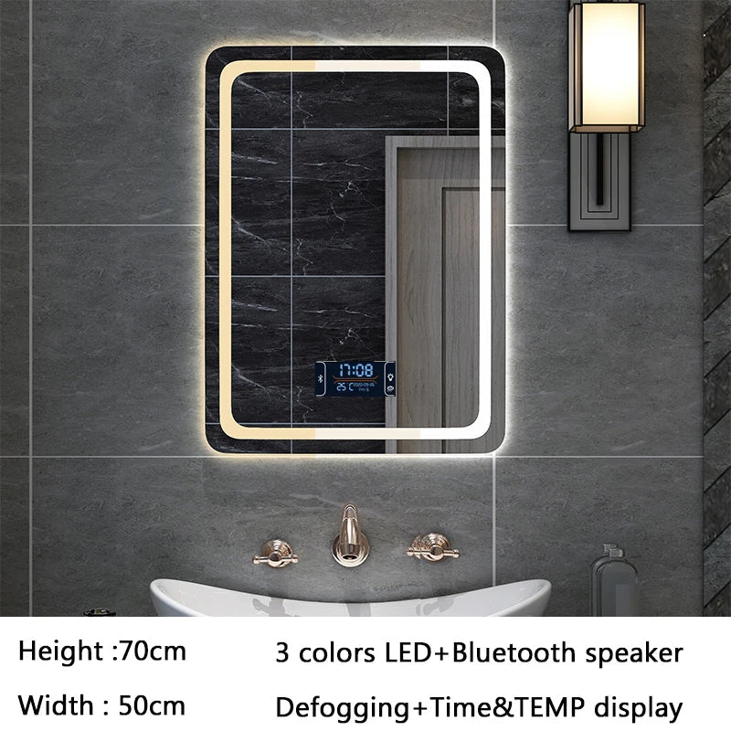 50X70cm Rectangular Smart Demist Bathroom Mirror 3 Color Adjustable LED Multifunction LIght With Brightness Sensory Switch