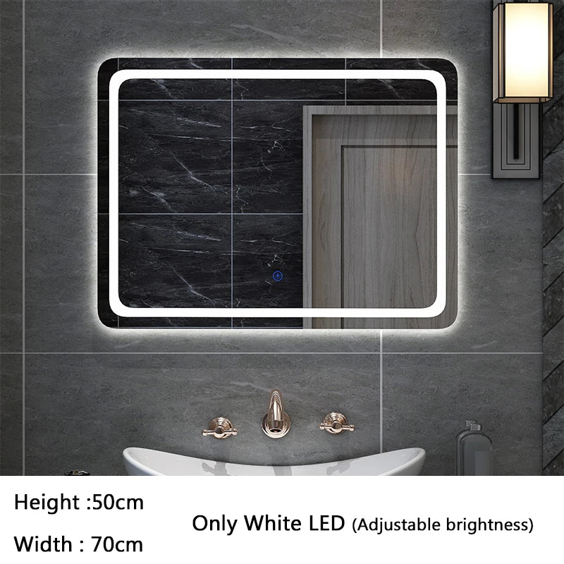 50X70cm Rectangular Smart Demist Bathroom Mirror 3 Color Adjustable LED Multifunction LIght With Brightness Sensory Switch