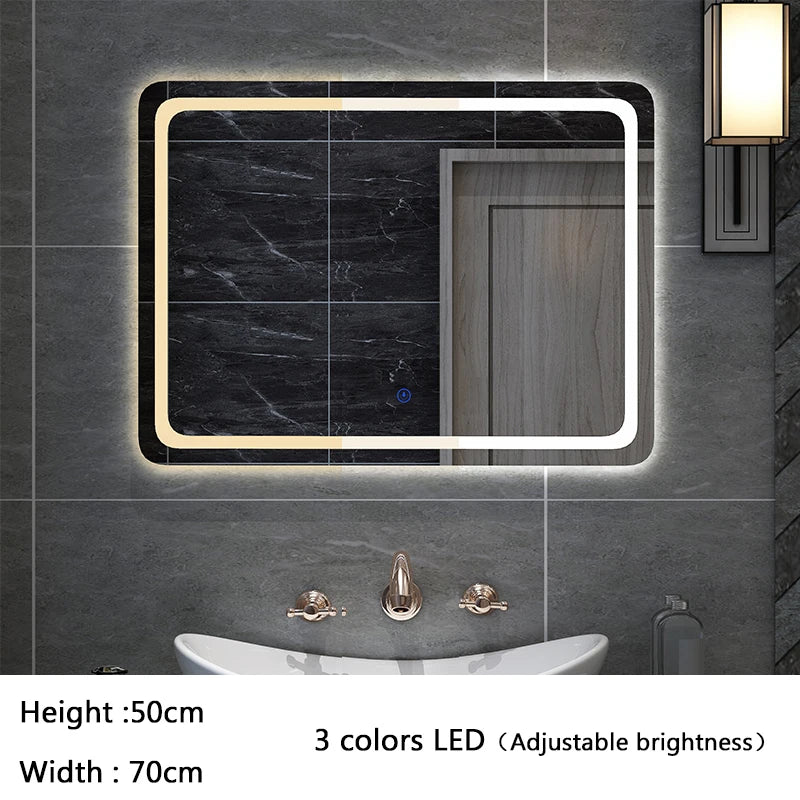 50X70cm Rectangular Smart Demist Bathroom Mirror 3 Color Adjustable LED Multifunction LIght With Brightness Sensory Switch