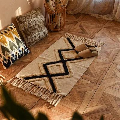 60x90cm Retro Bohemian Hand Woven Tassel Carpet for Home Living Room Window Bedside Linen Rug Table Runner Door Mat Home Decor