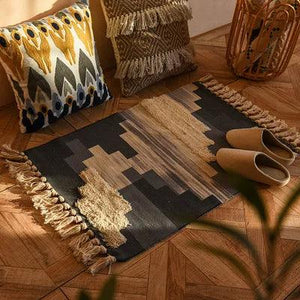 60x90cm Retro Bohemian Hand Woven Tassel Carpet for Home Living Room Window Bedside Linen Rug Table Runner Door Mat Home Decor