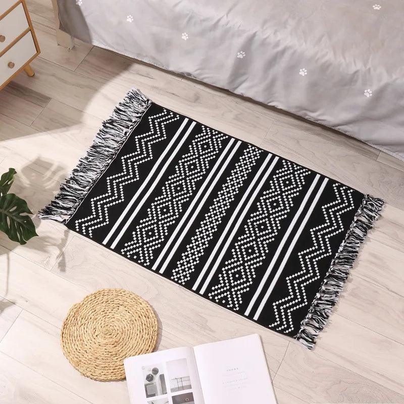 60x90cm Retro Bohemian Hand Woven Tassel Carpet for Home Living Room Window Bedside Linen Rug Table Runner Door Mat Home Decor