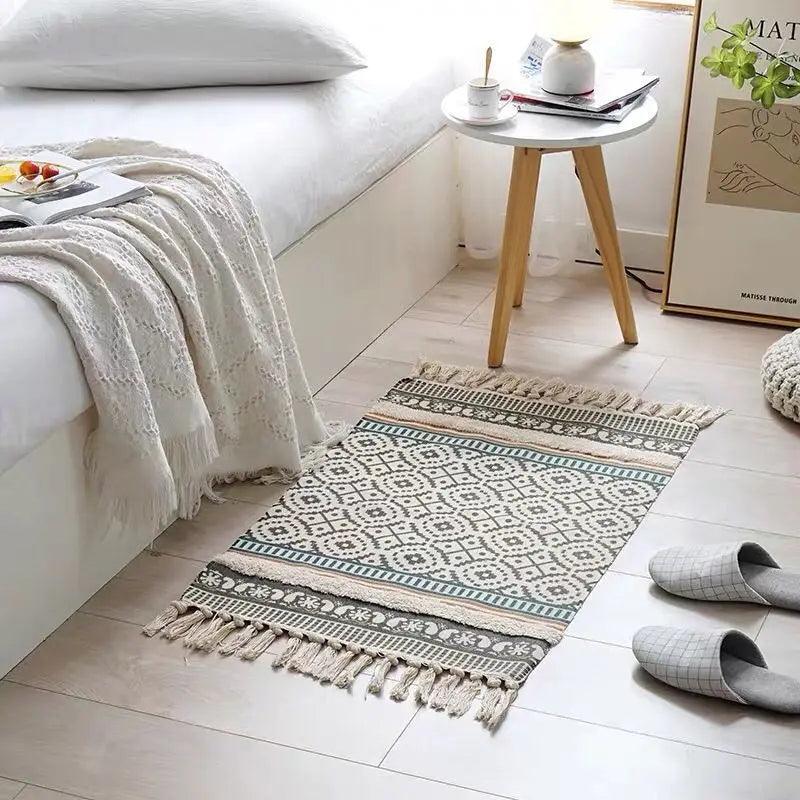 60x90cm Retro Bohemian Hand Woven Tassel Carpet for Home Living Room Window Bedside Linen Rug Table Runner Door Mat Home Decor