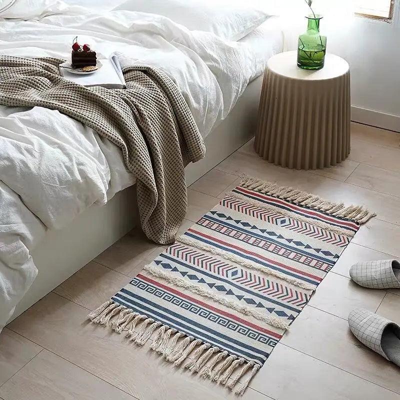 60x90cm Retro Bohemian Hand Woven Tassel Carpet for Home Living Room Window Bedside Linen Rug Table Runner Door Mat Home Decor