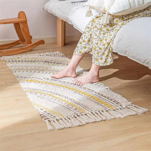 60x90cm Retro Bohemian Hand Woven Tassel Carpet for Home Living Room Window Bedside Linen Rug Table Runner Door Mat Home Decor