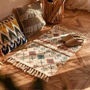 60x90cm Retro Bohemian Hand Woven Tassel Carpet for Home Living Room Window Bedside Linen Rug Table Runner Door Mat Home Decor