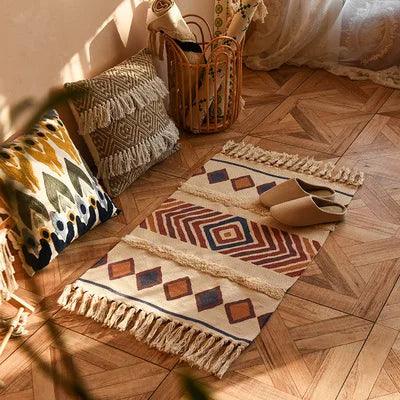 60x90cm Retro Bohemian Hand Woven Tassel Carpet for Home Living Room Window Bedside Linen Rug Table Runner Door Mat Home Decor