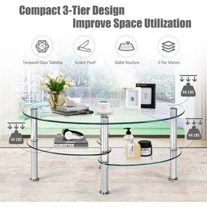 ALPULON Tempered Glass Coffee Table Oval 3-Tier Steel Tea Table for Home Living Room Office coffee table for living room