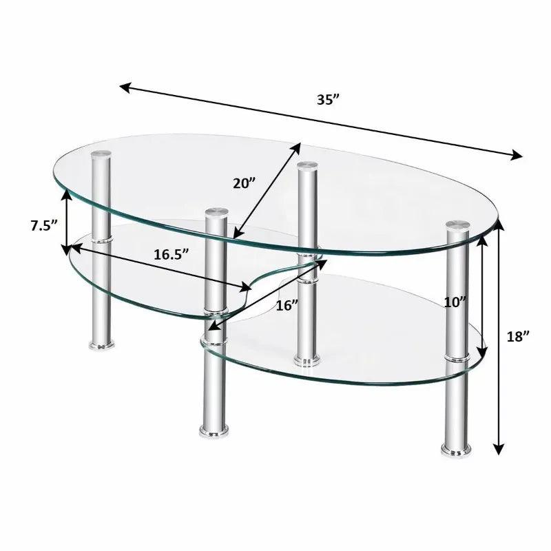 ALPULON Tempered Glass Coffee Table Oval 3-Tier Steel Tea Table for Home Living Room Office coffee table for living room