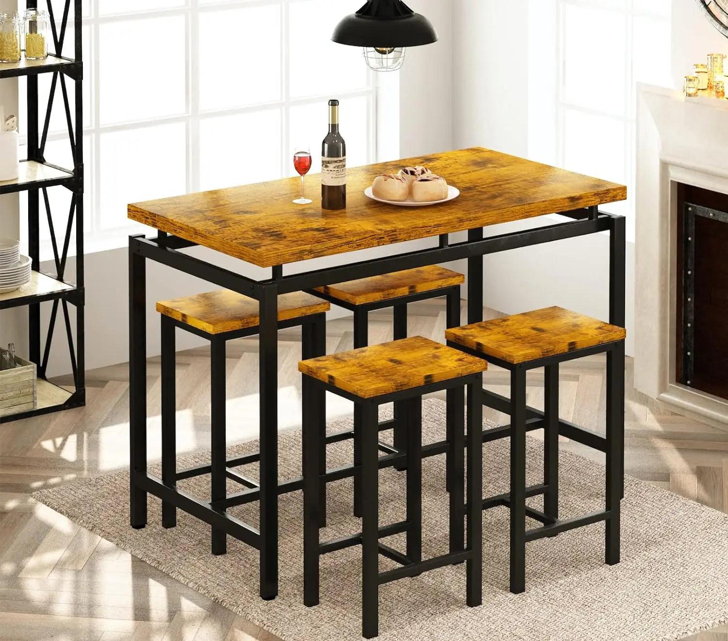 AWQM Bar Table and Chairs Set Industrial Counter Height Pub Table with 4 Chairs Table Set Home Kitchen Breakfast Table,