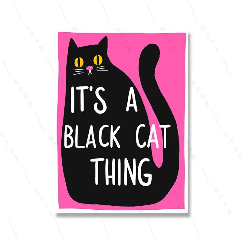 Abtract Retro Black Cartoon Cat Wall Art Poster Print Pink Canvas Girl Room Home Decor Pink Girl Funny Quotes Canvas Painting