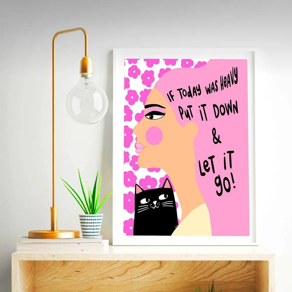 Abtract Retro Black Cartoon Cat Wall Art Poster Print Pink Canvas Girl Room Home Decor Pink Girl Funny Quotes Canvas Painting