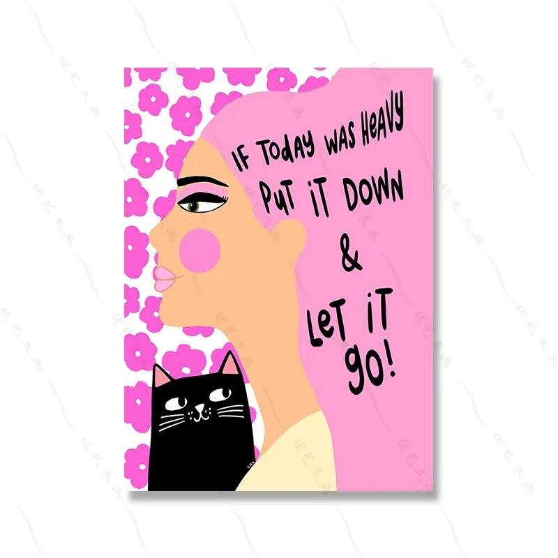 Abtract Retro Black Cartoon Cat Wall Art Poster Print Pink Canvas Girl Room Home Decor Pink Girl Funny Quotes Canvas Painting