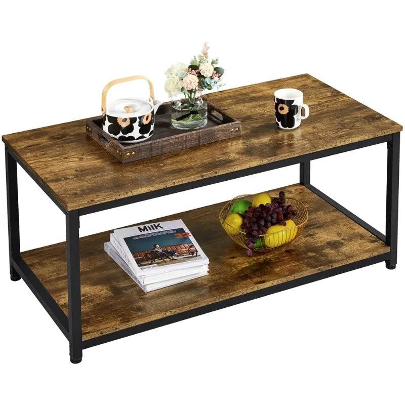 Alden Design Industrial Coffee Table with Storage Shelf, Rustic Brown