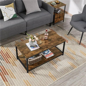 Alden Design Industrial Coffee Table with Storage Shelf, Rustic Brown