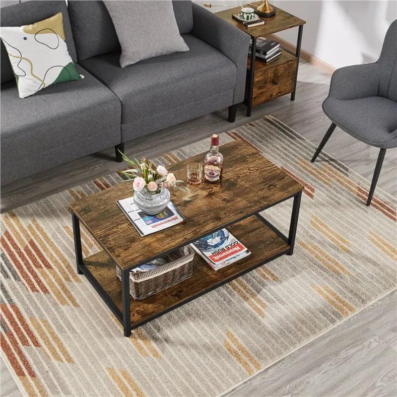 Alden Design Industrial Coffee Table with Storage Shelf, Rustic Brown