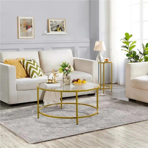 Alden Design Round Modern Glass-Top Coffee Table, Gold side table