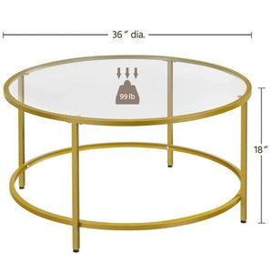 Alden Design Round Modern Glass-Top Coffee Table, Gold side table