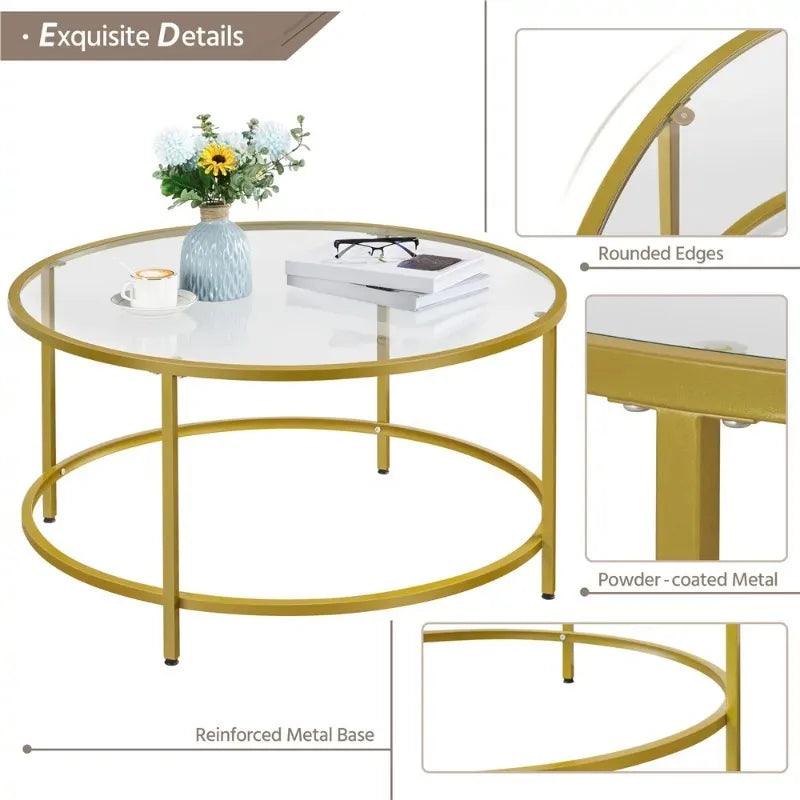 Alden Design Round Modern Glass-Top Coffee Table, Gold side table