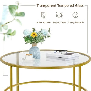 Alden Design Round Modern Glass-Top Coffee Table, Gold side table